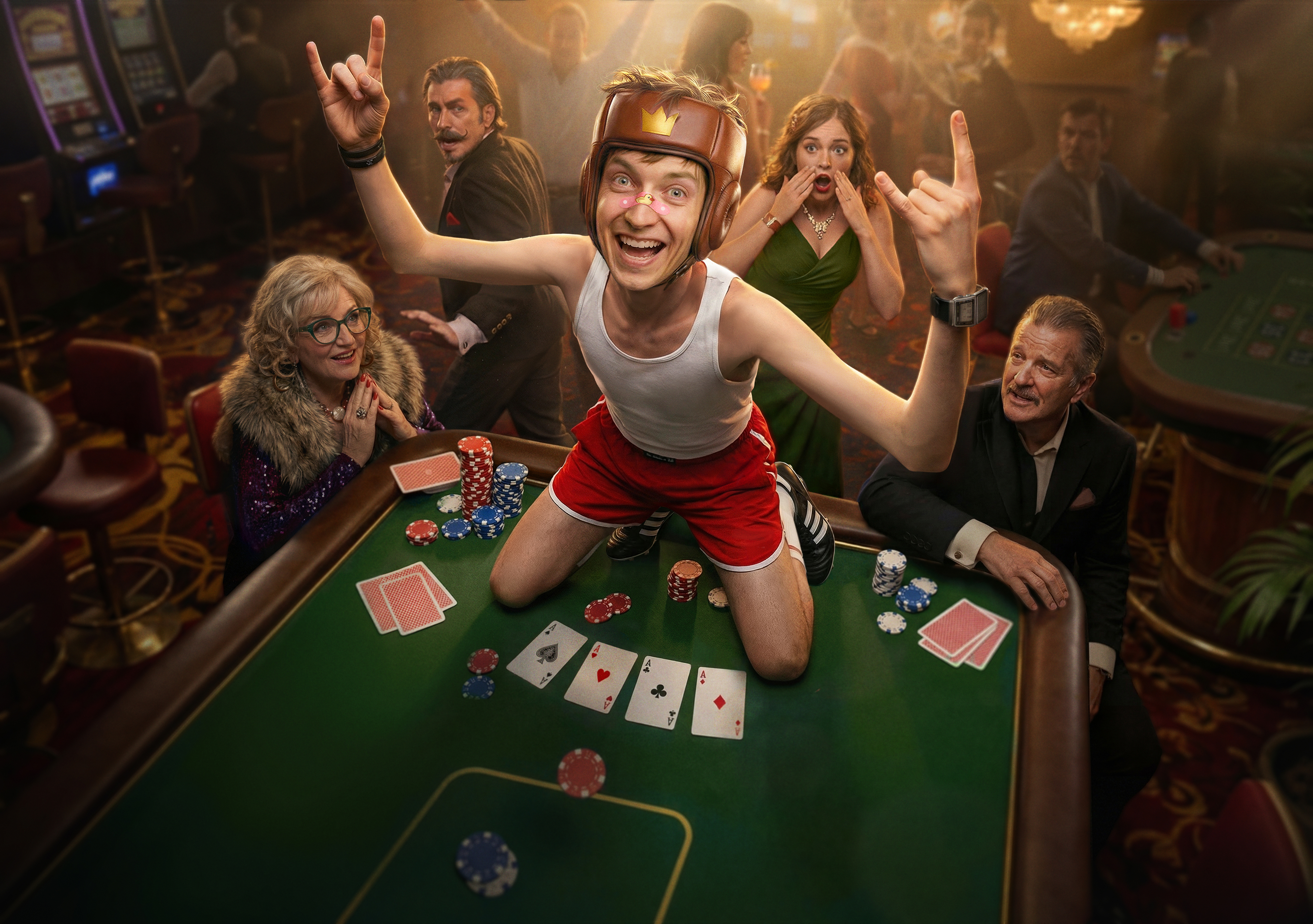 Young man in boxing headgear and athletic wear kneels triumphantly on a casino poker table as stunned onlookers watch