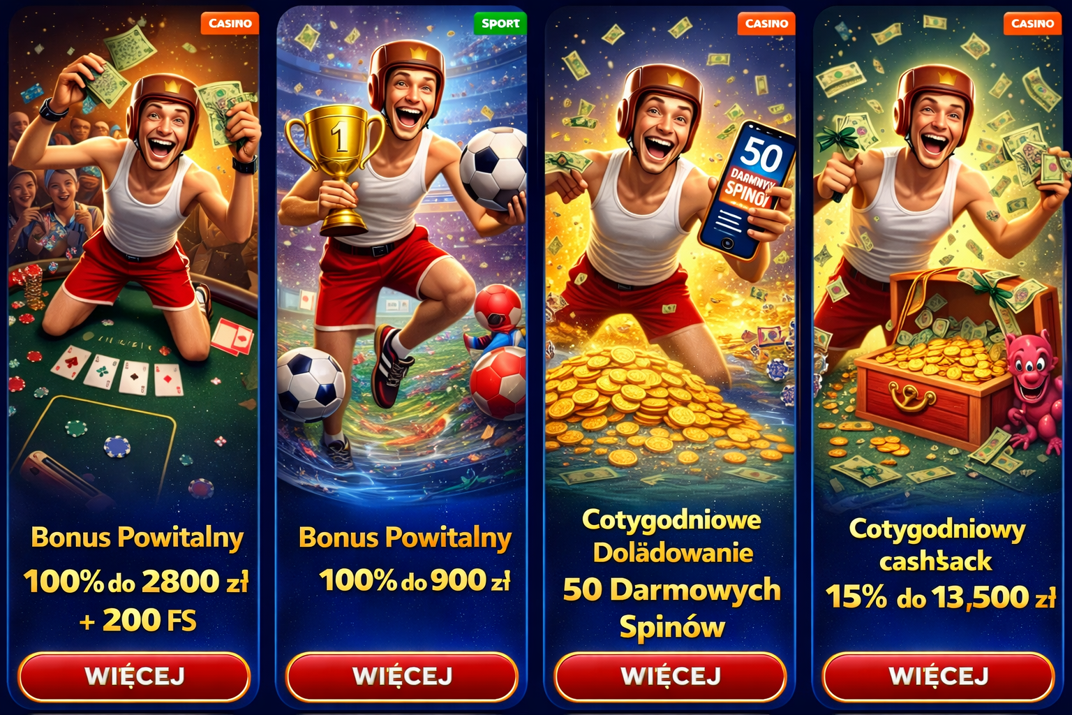 Smiling man holding phone with ‘50 free spins’ offer, standing over pile of gold coins, promoting weekly reload bonus.
