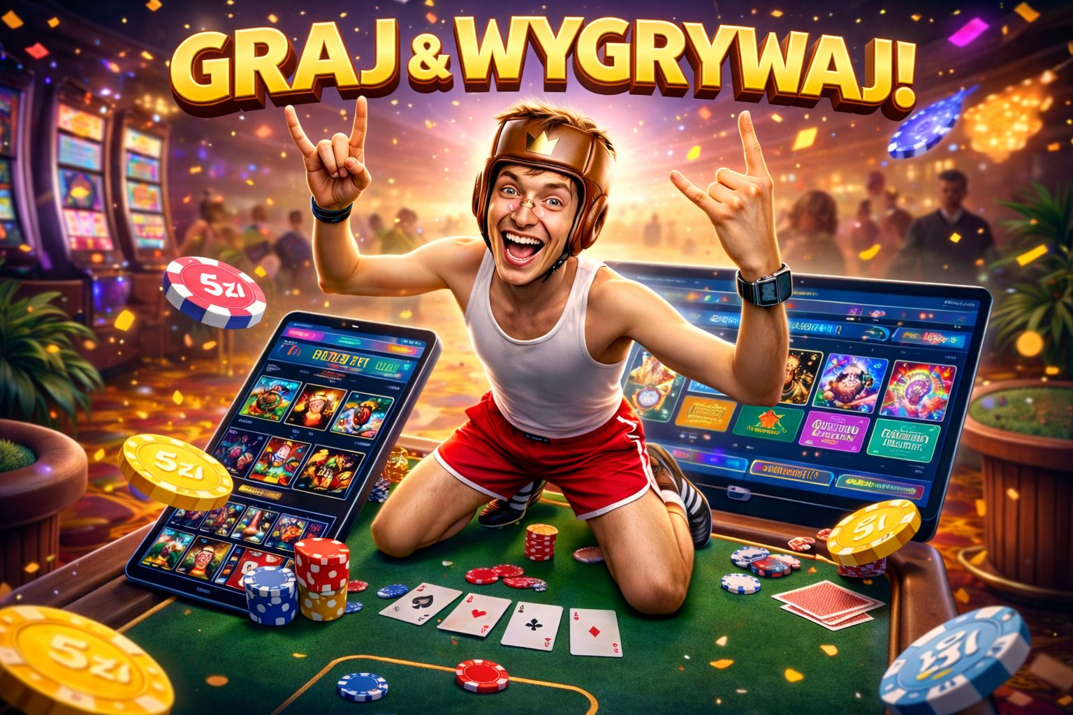 A joyful young man wearing a boxing helmet, white tank top, and red shorts kneels on a casino table surrounded by poker chips, playing cards, and two large tablet screens showing slot machine games. He raises both hands in a celebratory gesture while smil