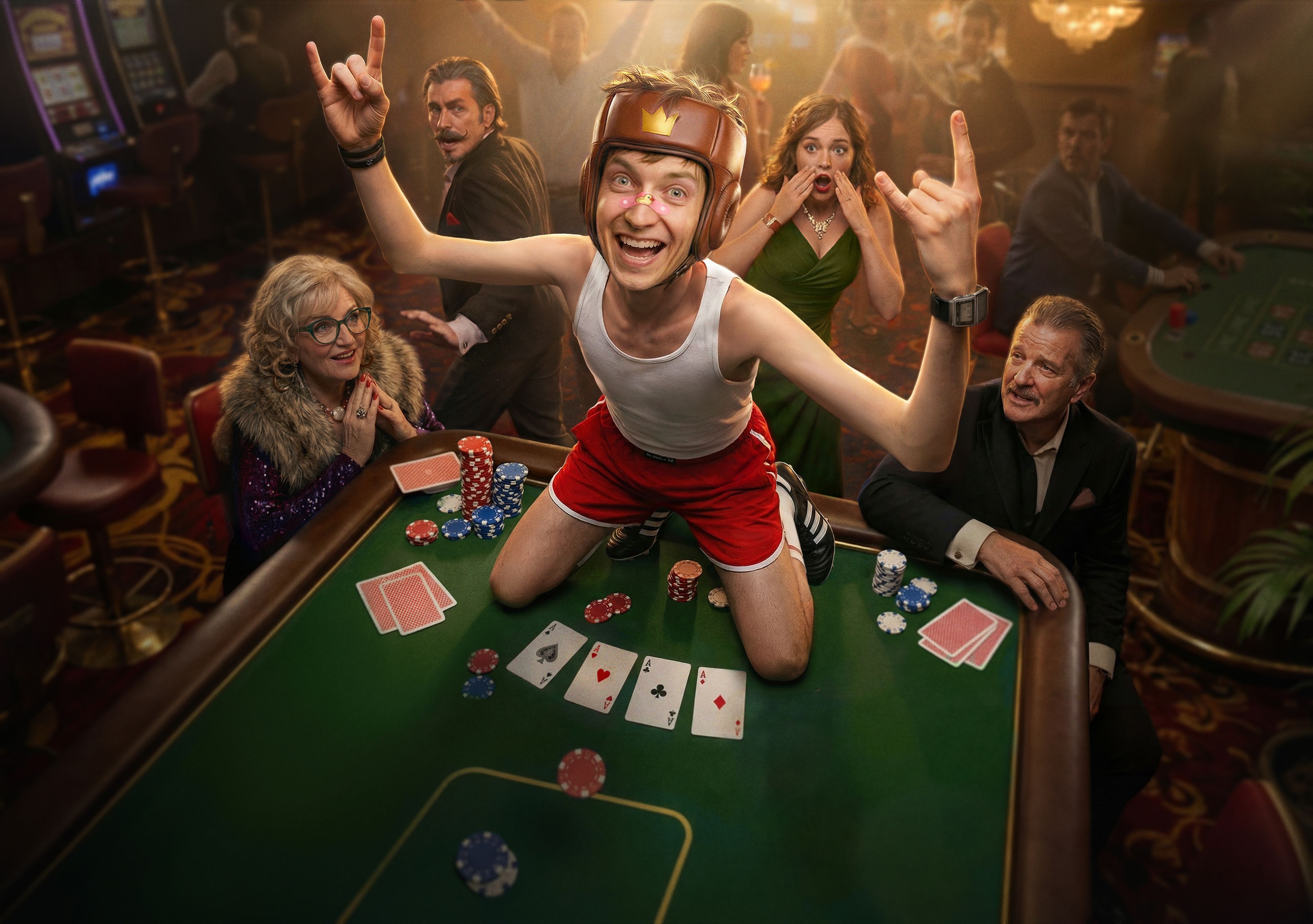 Young man in boxing headgear and athletic wear kneels triumphantly on a casino poker table as stunned onlookers watch