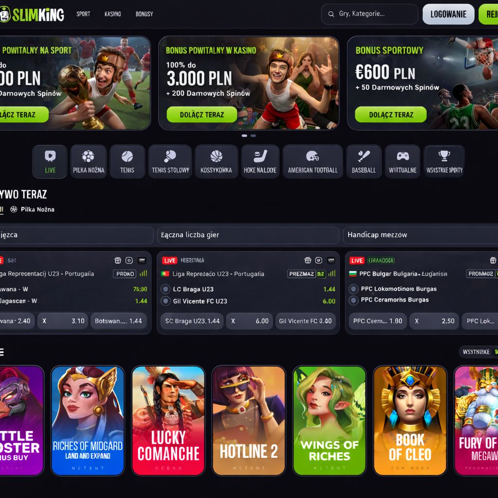 SlimKing online casino and sports betting website featuring welcome bonuses, free spins promotions, live football betting odds, sports categories navigation, and popular slot games like Lucky Comanche, Hotline 2, Wings of Riches, and Book of Cleo
